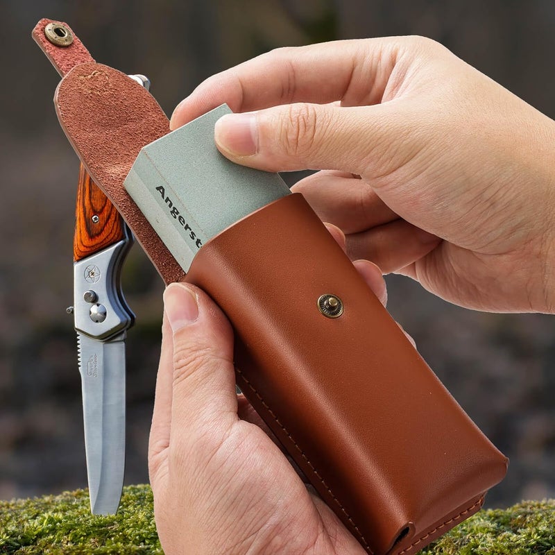 Angerstone Portable Whetstone Knife Sharpening Stone - Outdoor Hunting Knife Sharpener Stone Kit Dual Grit 400/1000 - Pocket Sharpening Stones for Knives with Cowhide Pouch for Bushcraft Camping Field - Image 3